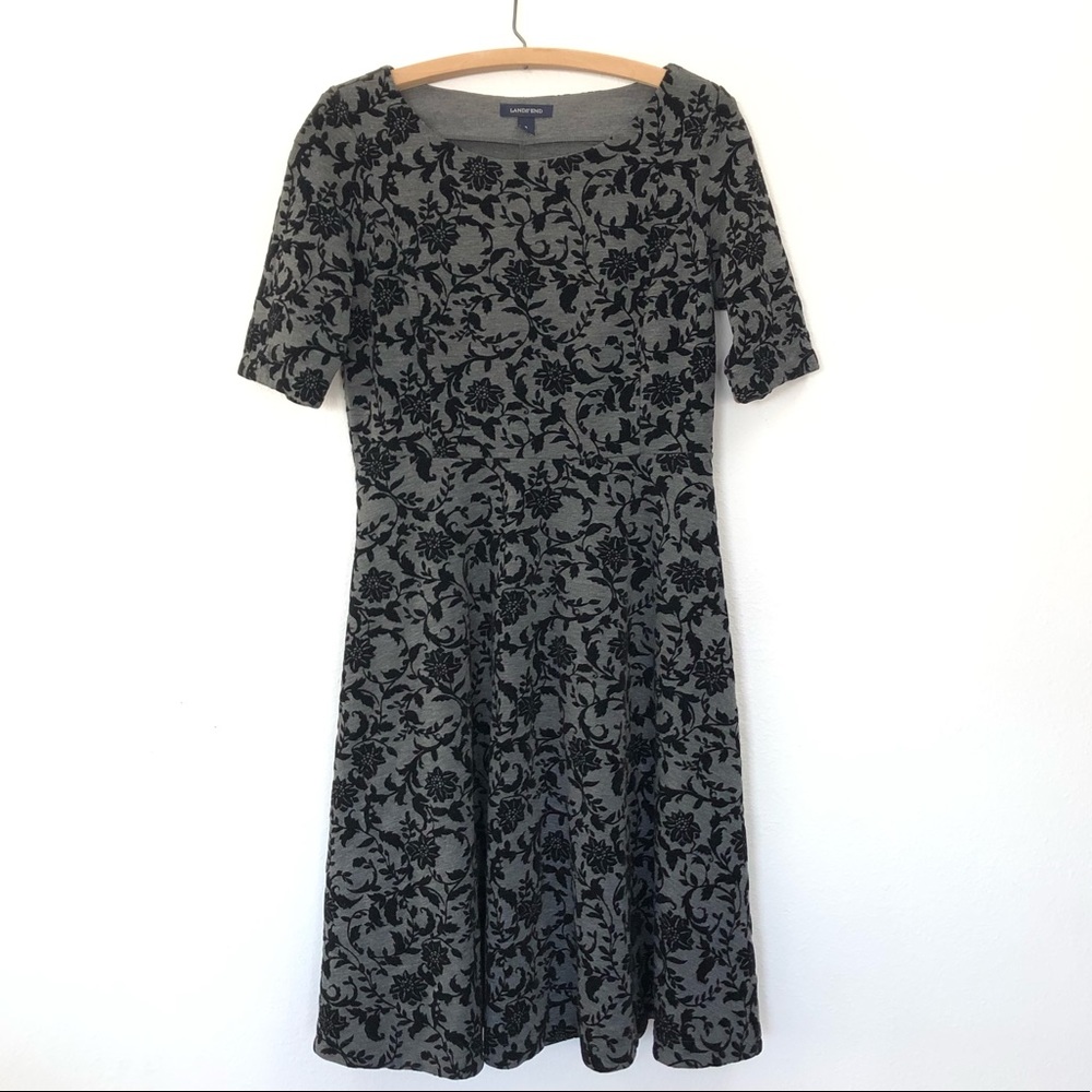 Lands’ End gray and black floral fit n flare dress